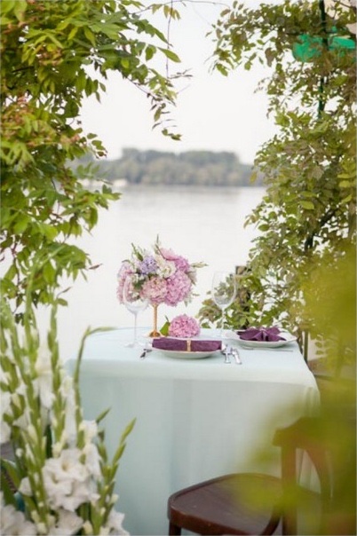Sto za dvoje na obali Dunava — hortenzije, ljubičasti detalji, pogled na reku