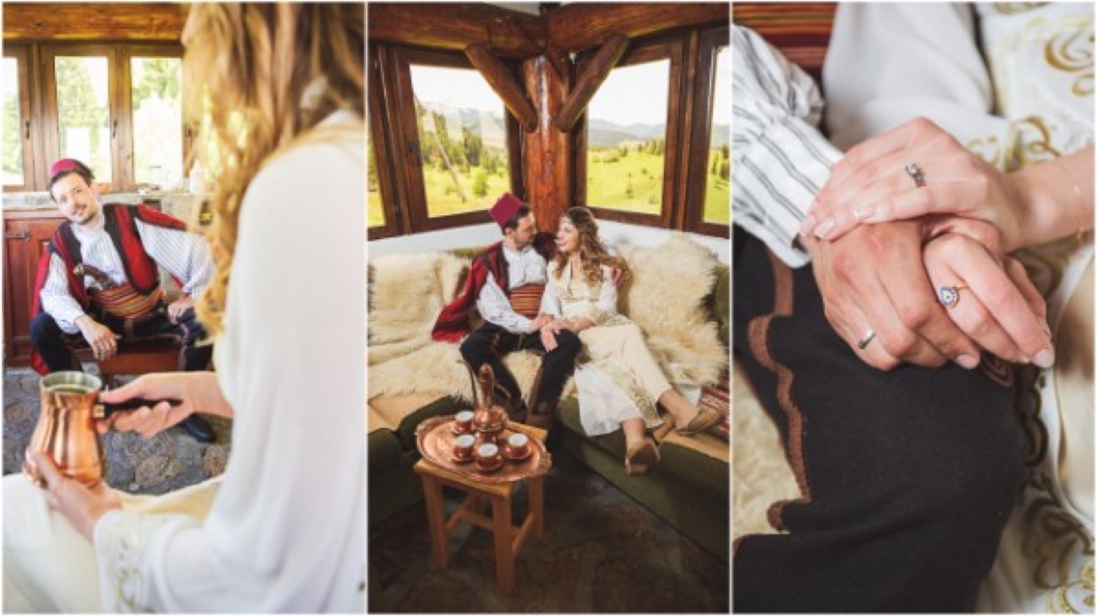 Detalj tradicionalnog nakita i marame — zlato na beloj svili